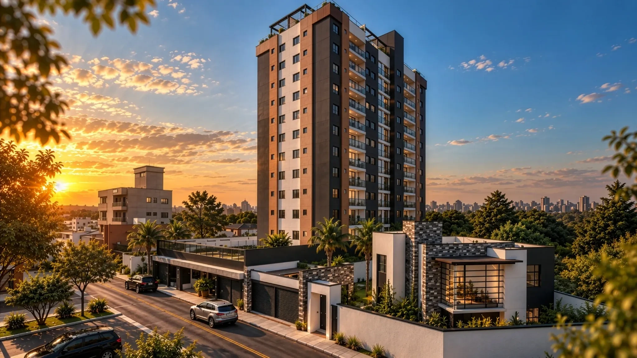 Perspectiva arquitectónica de un edificio residencial contemporáneo al atardecer.